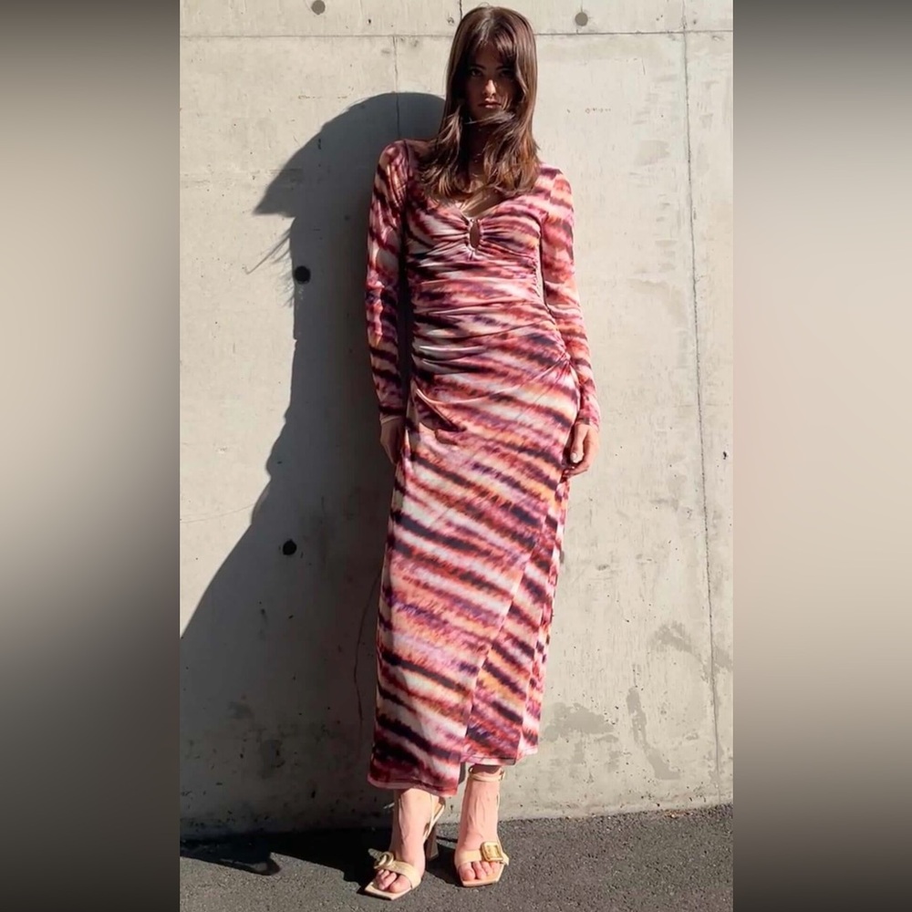 PINK & PURPLE STRIPED MESH MIDI DRESS